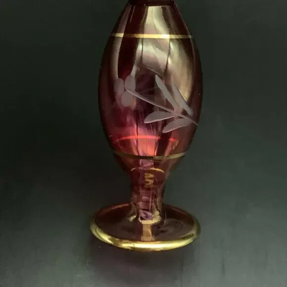 Vintage Egyptian Hand Blown Miniature Glass Empty Bottle Gold Trim Etched - Picture 8 of 14